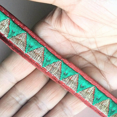 Red, Green And Bronze Thread Triangle Embroidery One Yard Lace Trim 18mm Wide - 200317L303